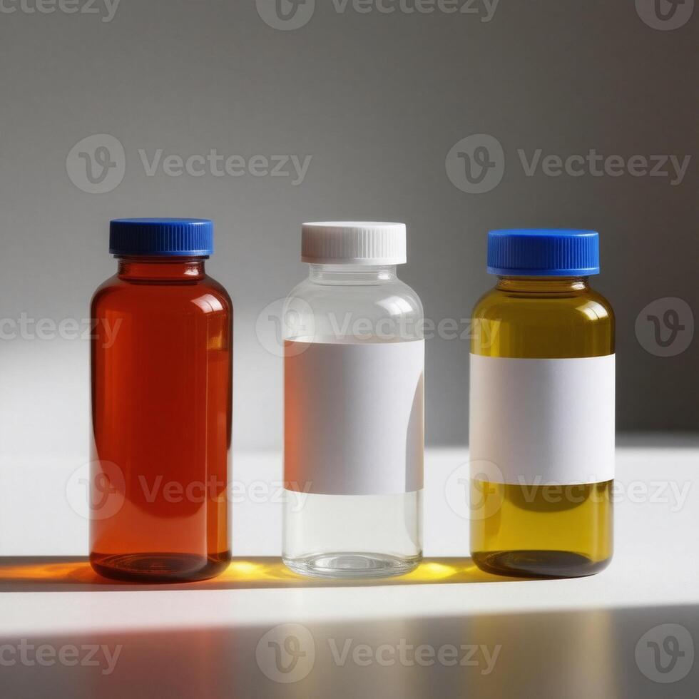 Three bottles of liquid with labels on them photo