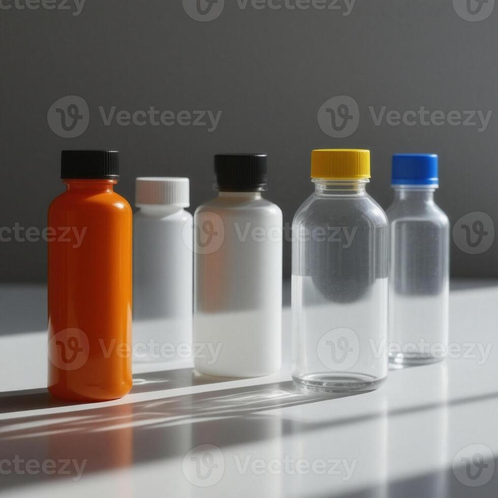 A group of four different colored bottles on a table photo