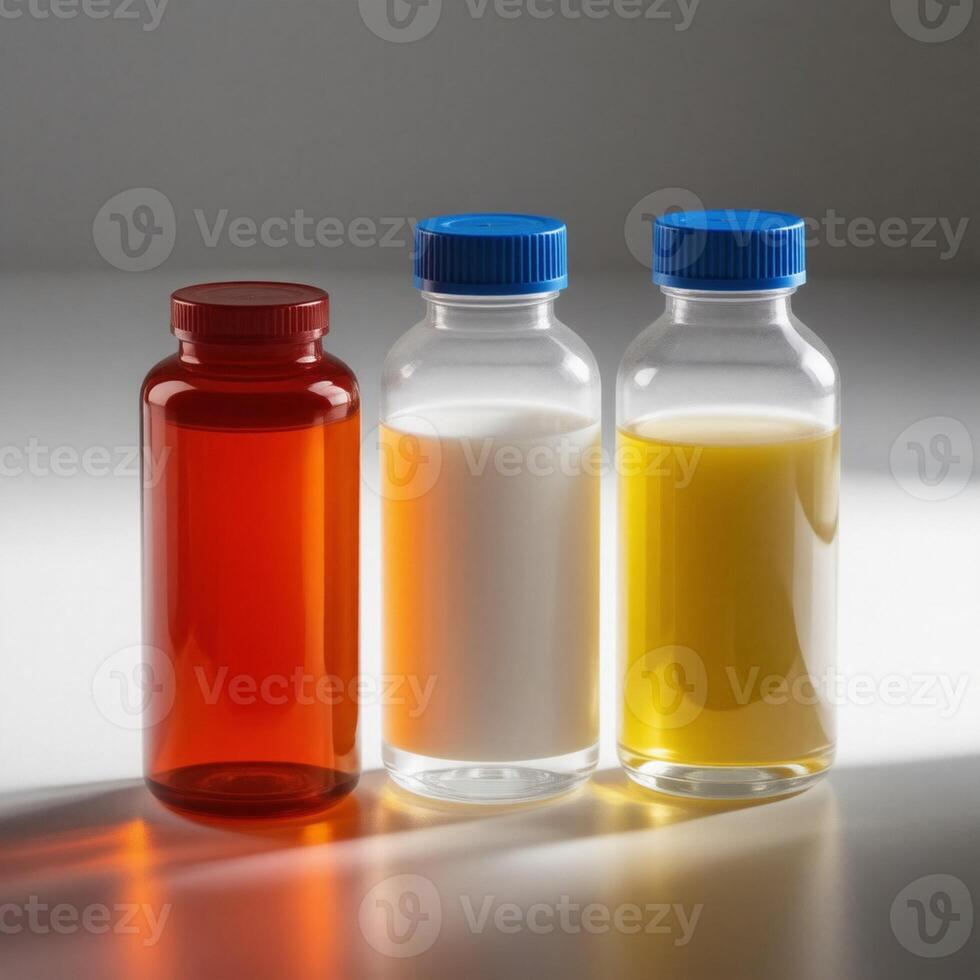 Three bottles of milk and milk products sit on a table photo