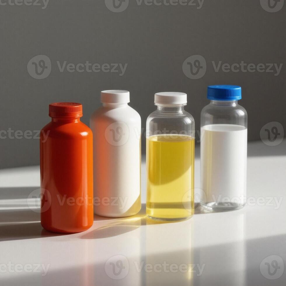 Four different colored bottles of liquid sitting on a table photo