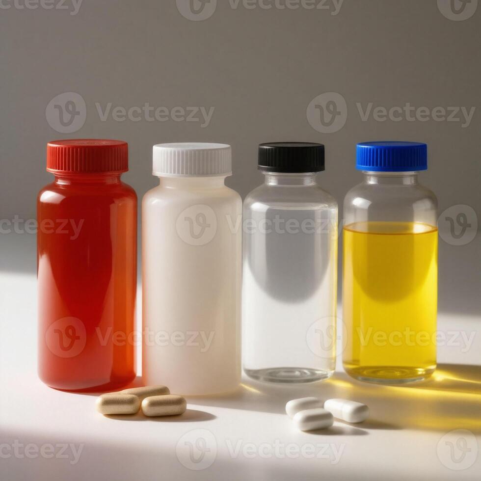 Three bottles of different colors and different liquids photo