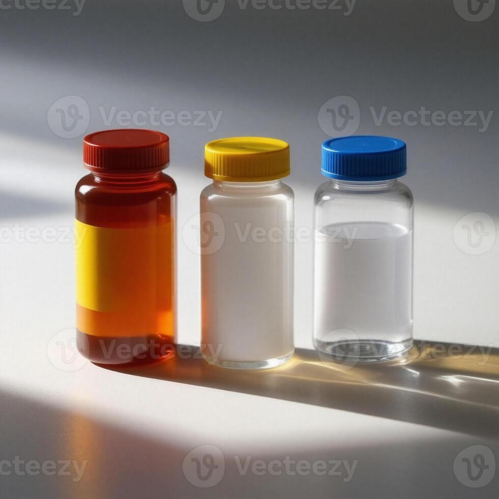 Three different colored bottles with white and yellow lids photo
