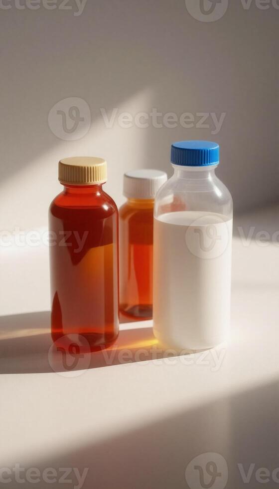 Three bottles of milk and a bottle of milk photo