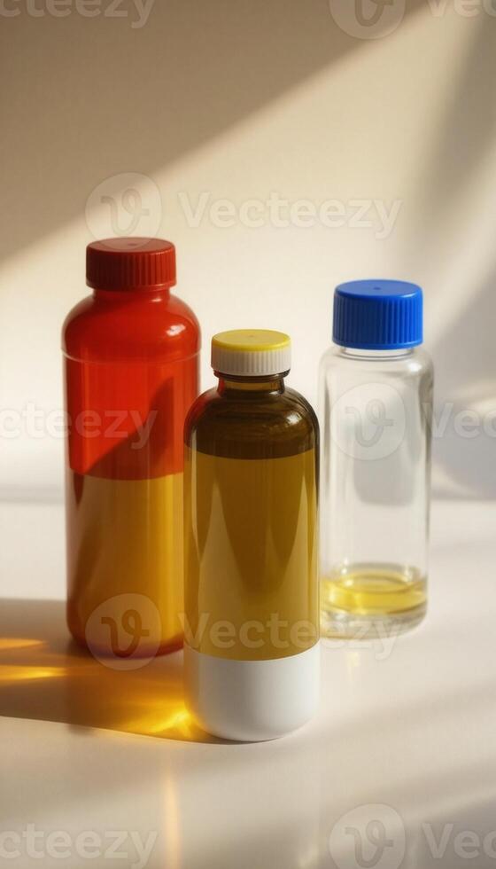 Three different colored bottles sit on a table photo