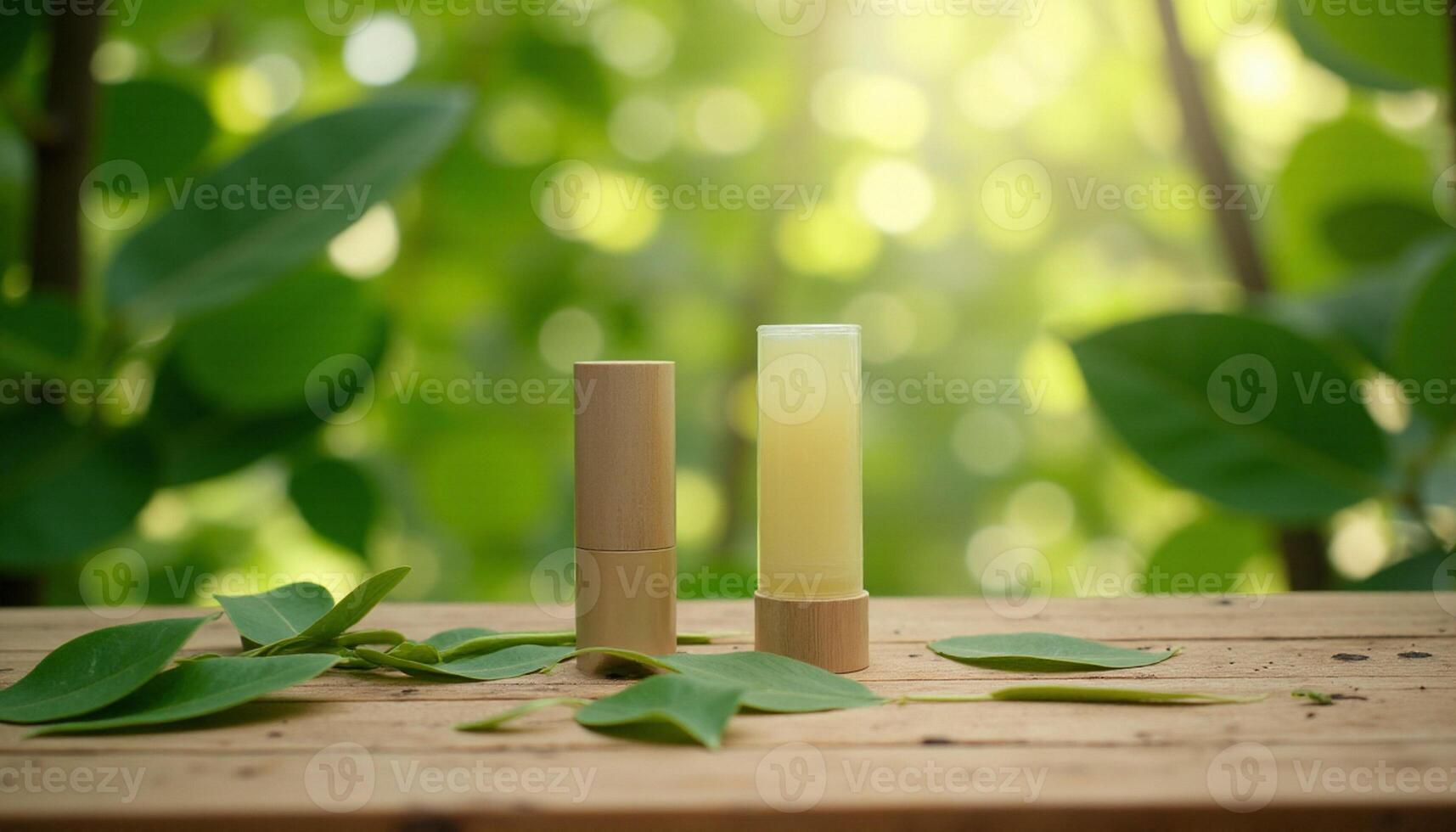 A lip balm and a leaf on a wooden table photo