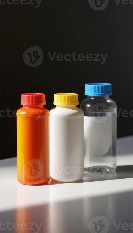 Three different colored plastic bottles on a table photo