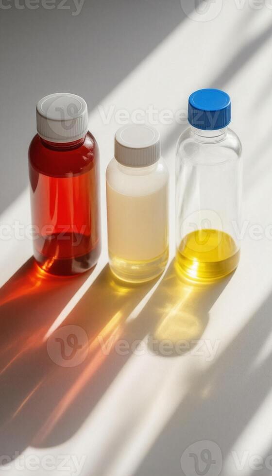 Three different types of liquid in different bottles photo