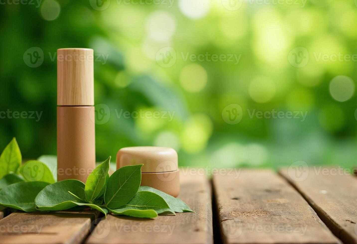 Two tubes of lip balm with leaves on a wooden table photo