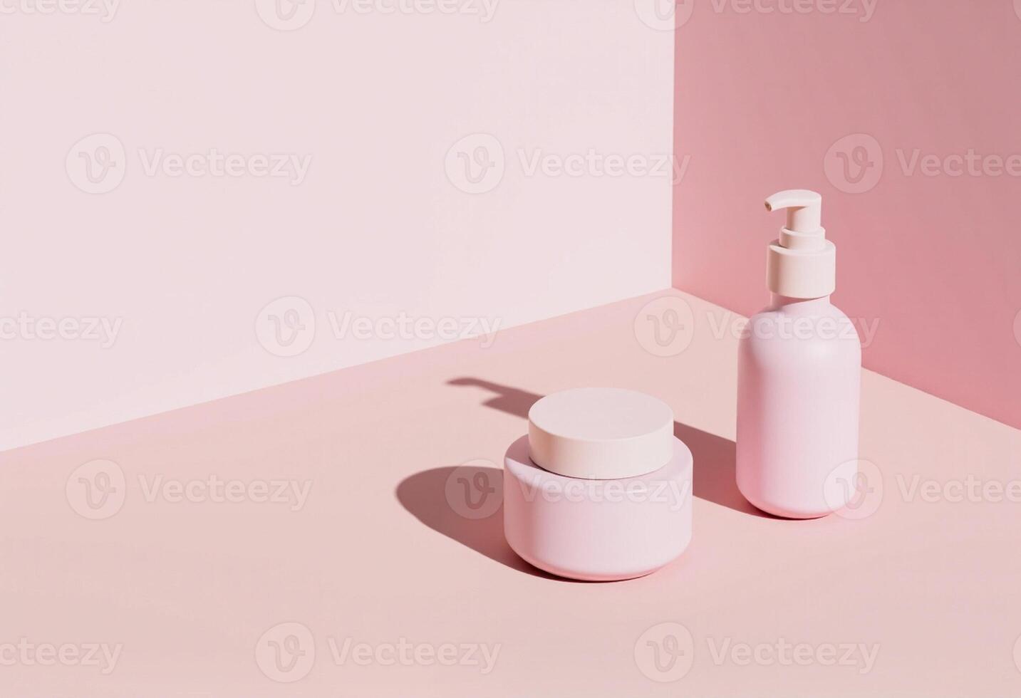 Two bottles of cosmetic products on a pink background photo