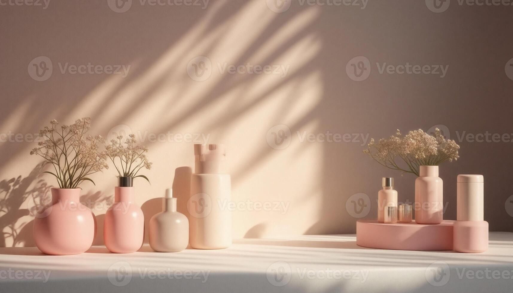 Pink vases sit on a table in front of a window photo