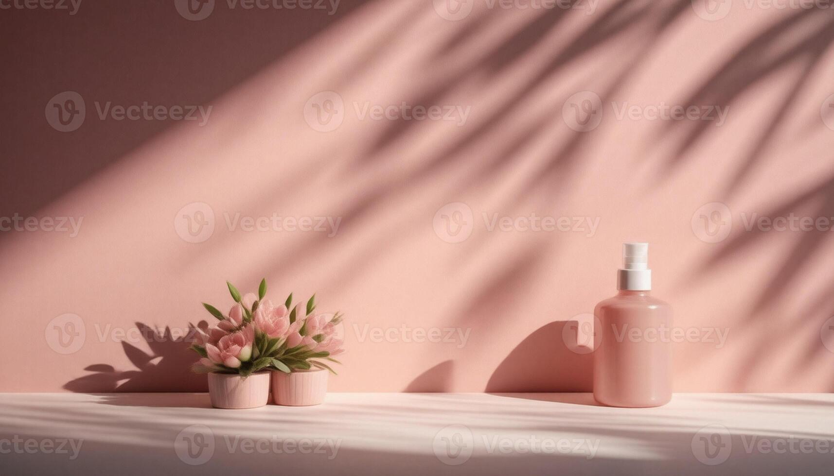 A pink bottle of lotion and a plant on a pink wall photo