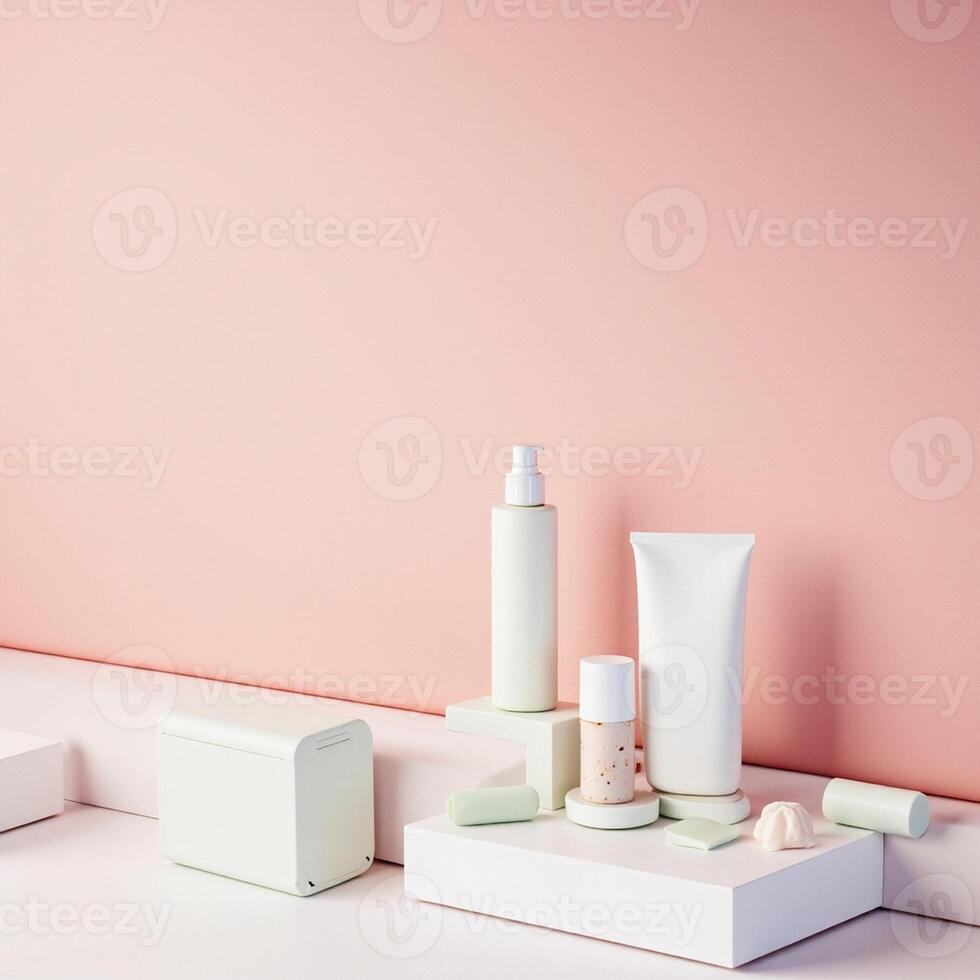 A white shelf with various cosmetic products on it photo