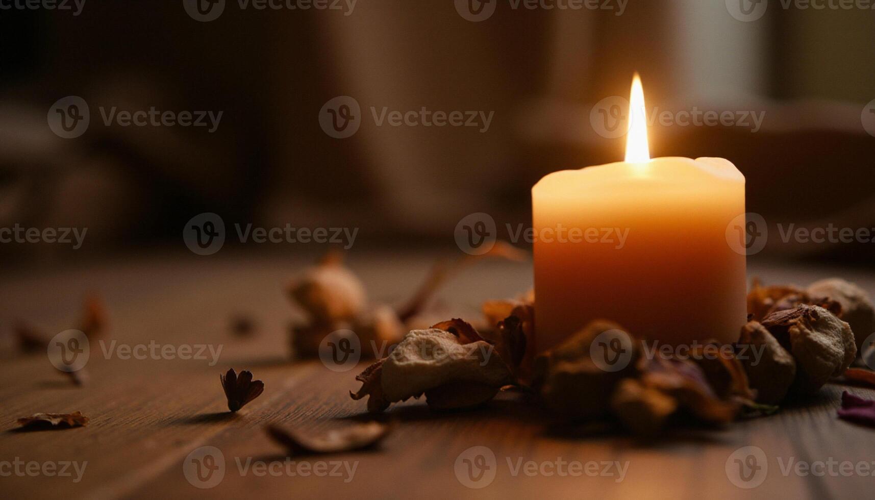 A candle is lit on a wooden table with dried flowers photo