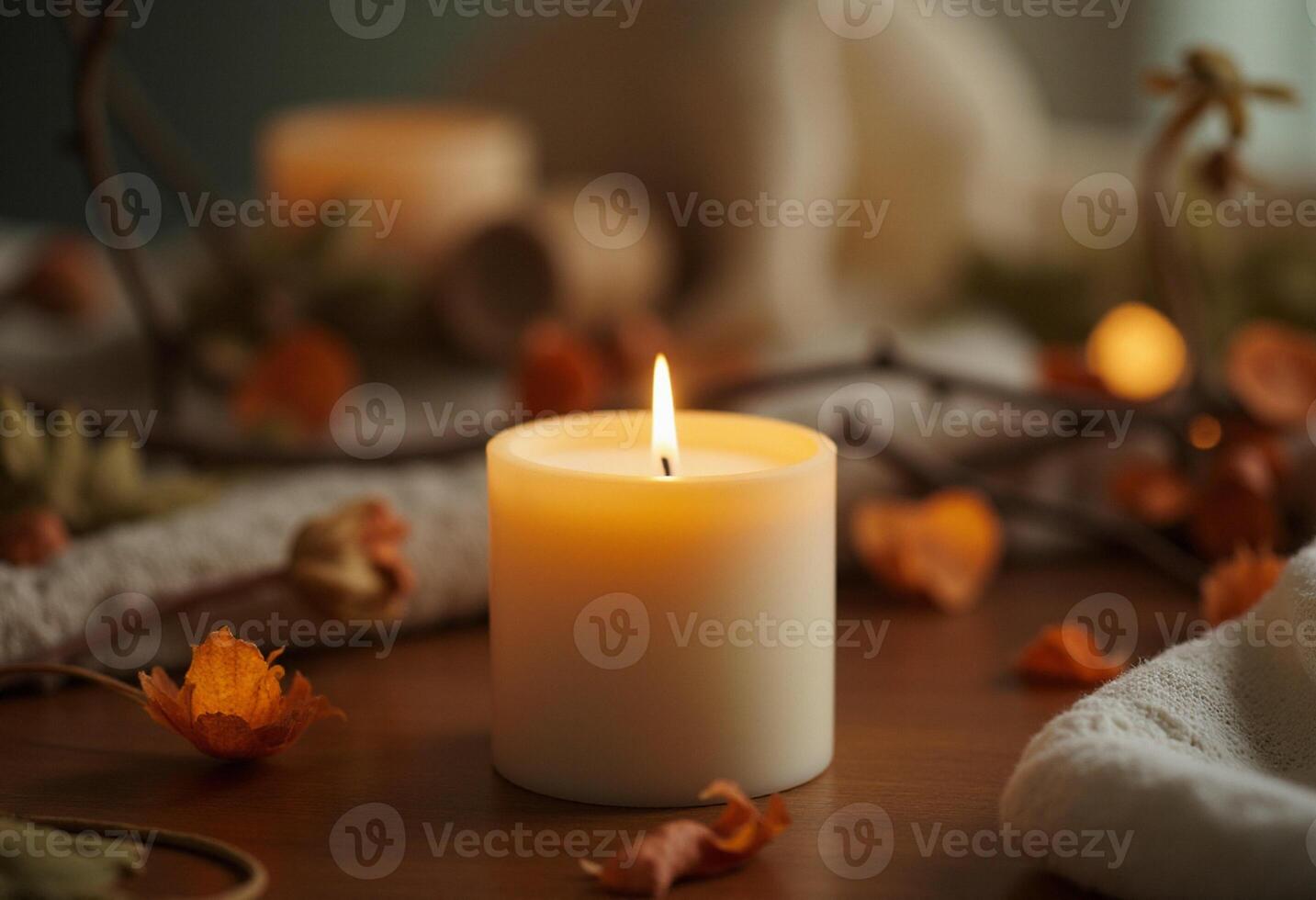 A candle is sitting on a table with leaves and flowers photo