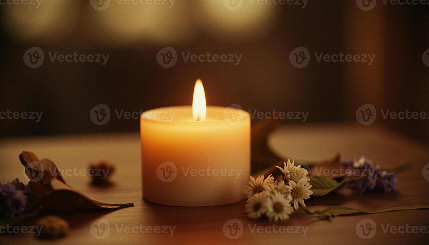 Candle with flowers on the table photo