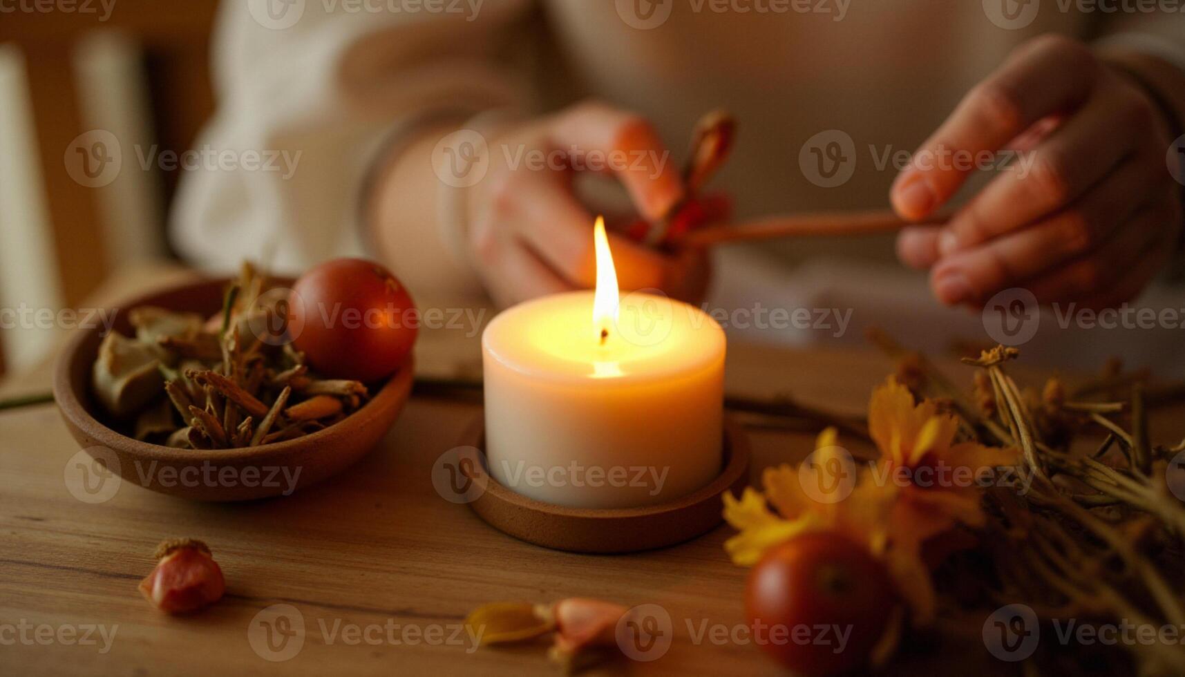 A woman is lighting a candle on a table photo