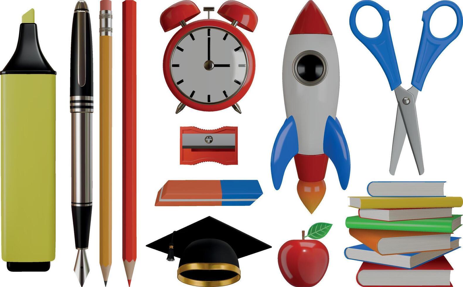 set of school isolated 3d supplies. collection of school items realistic illutration. back to school elements vector