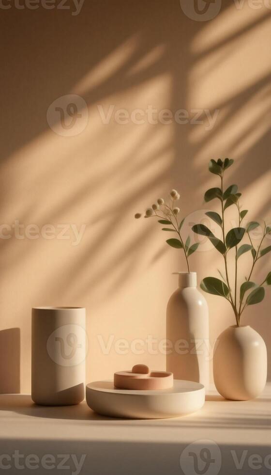 Three vases and a plant on a table photo