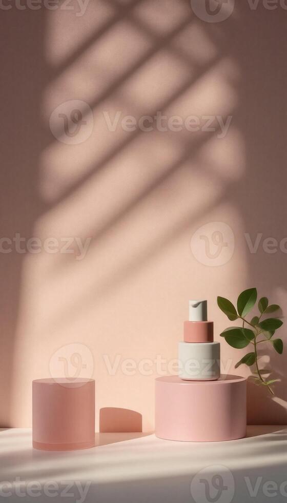 Pink and white containers sit on a table photo