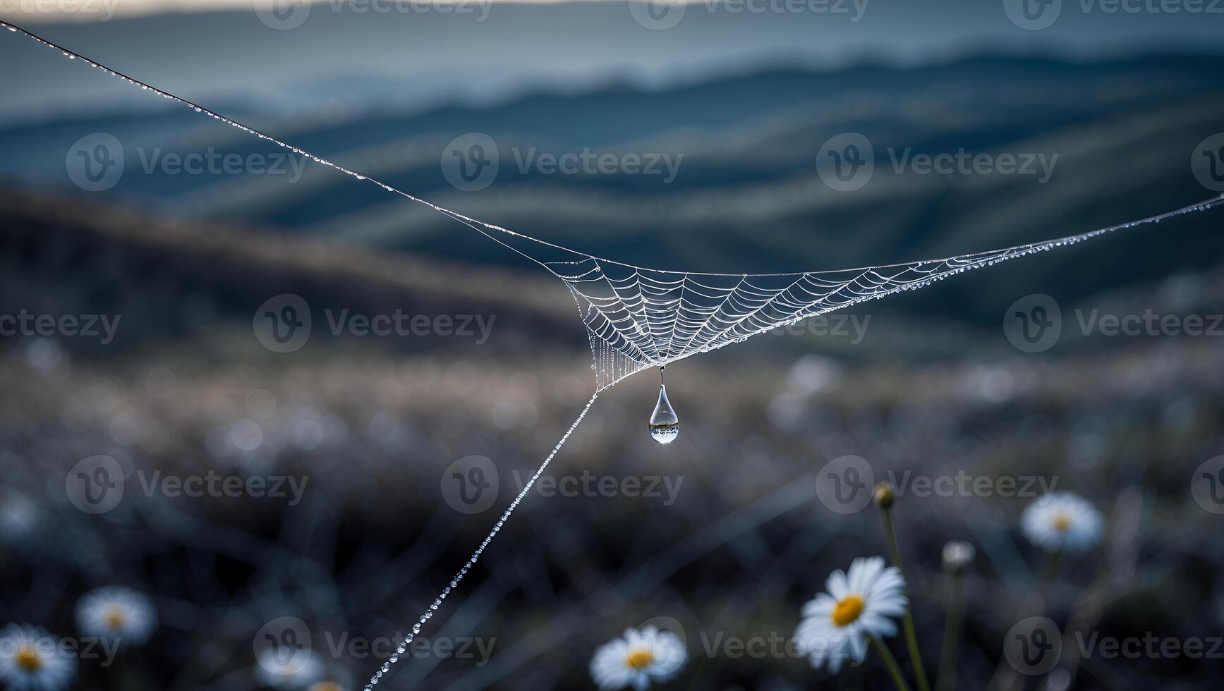 Spiderweb with Water Droplet in Field with Daisies and Hills photo