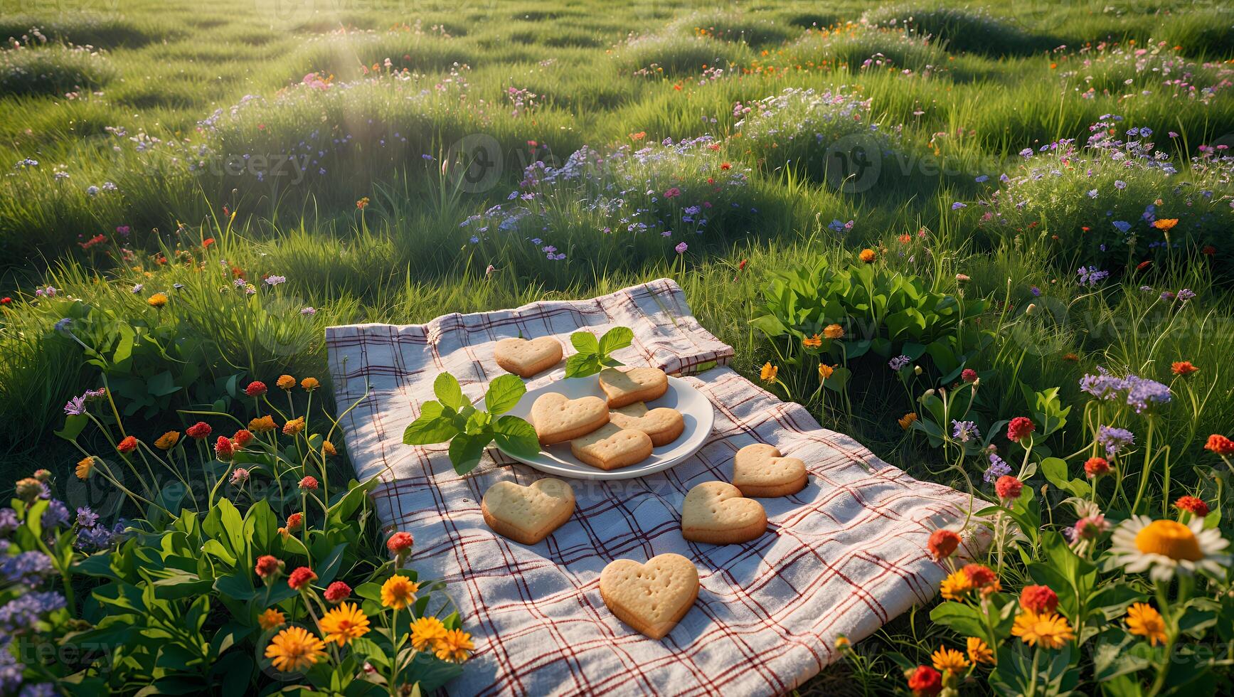 Enjoying Heart Cookies on Picnic Blanket in Sunny Wildflower Meadow photo