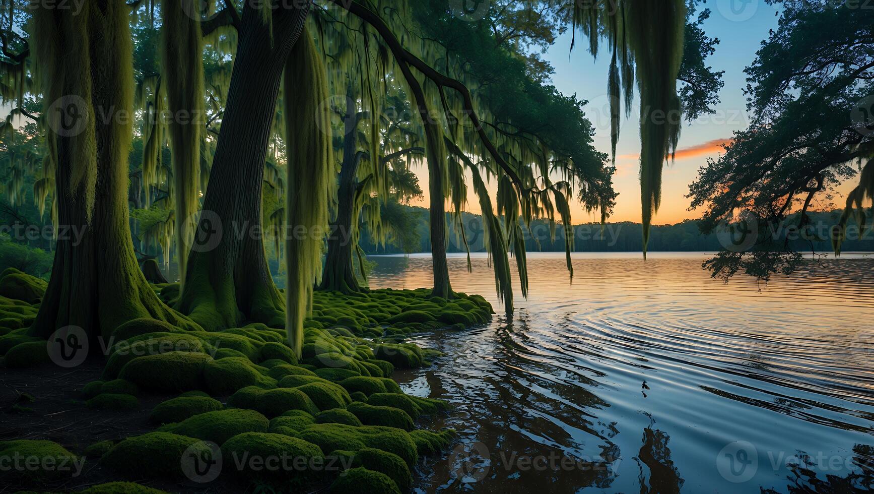 Still Lake Water with Mossy Trees and Sunset Reflection View photo