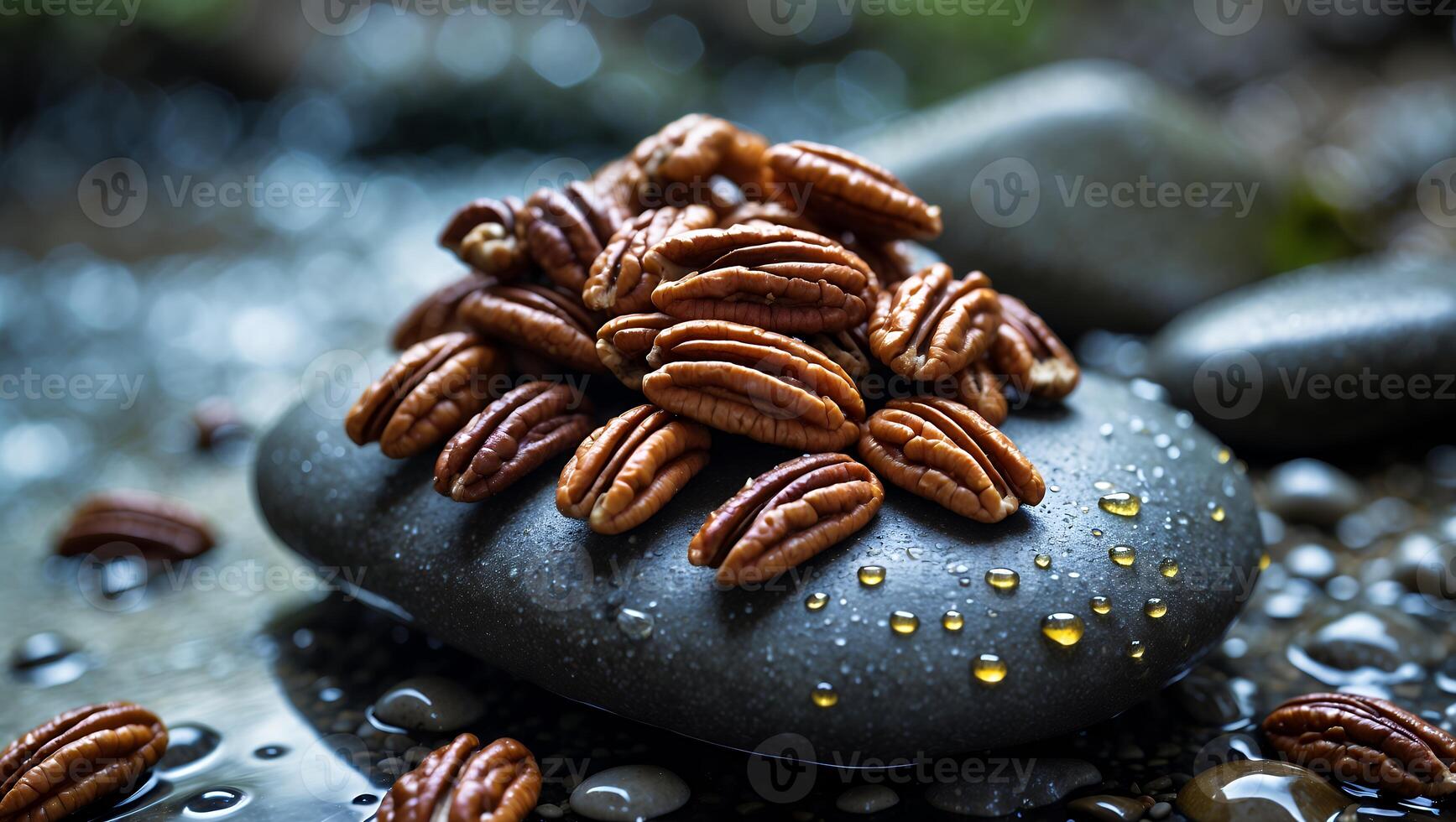 Pecan Nuts Piled on Stone with Water Droplets Outdoor photo