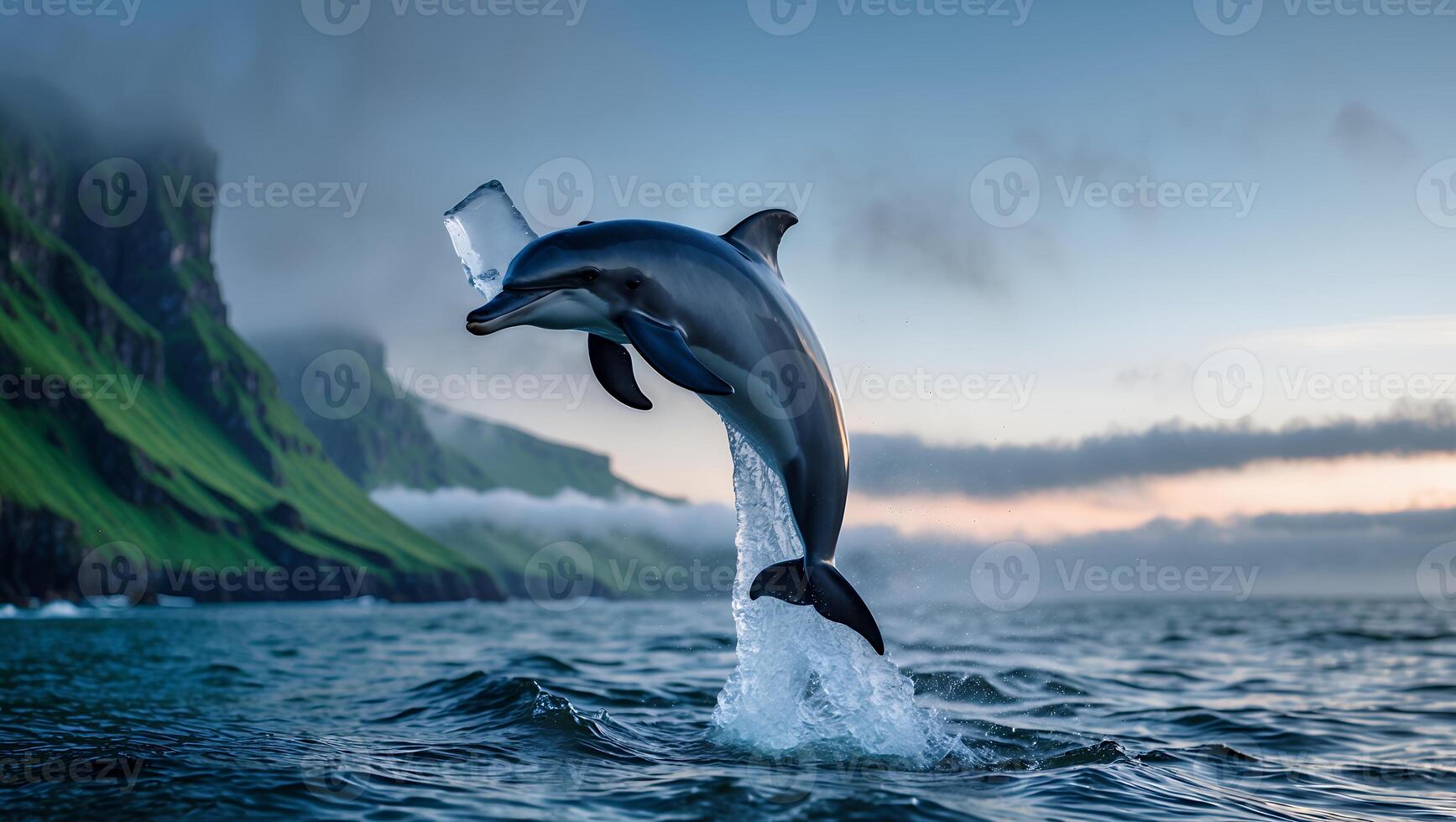 Dolphin Jumping Out of Water Near Coastal Cliffs at Dusk photo