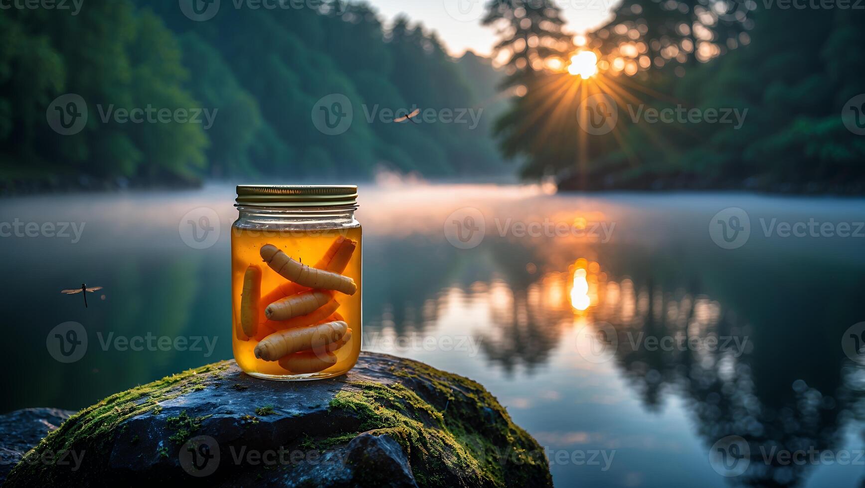 Pickled Carrots in Jar by Misty Lake at Sunrise Landscape photo
