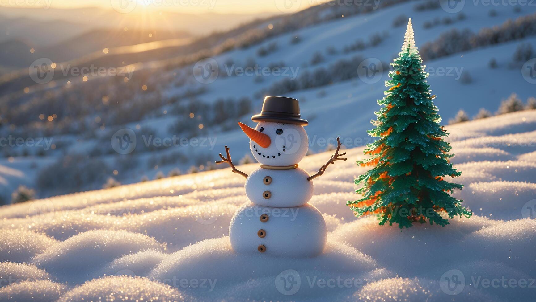 Snowman and Christmas Tree Winter Scene in a Snowy Landscape photo