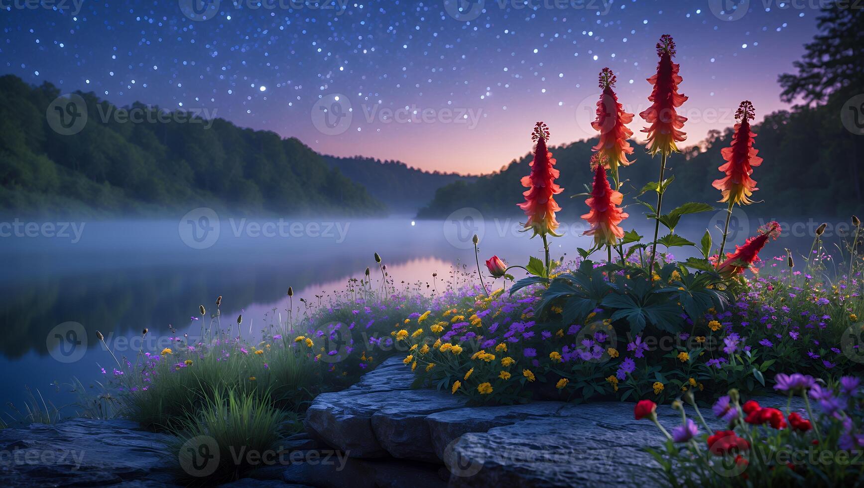 Scenic Lakeside with Wildflowers and Night Sky Reflecting in Lake photo