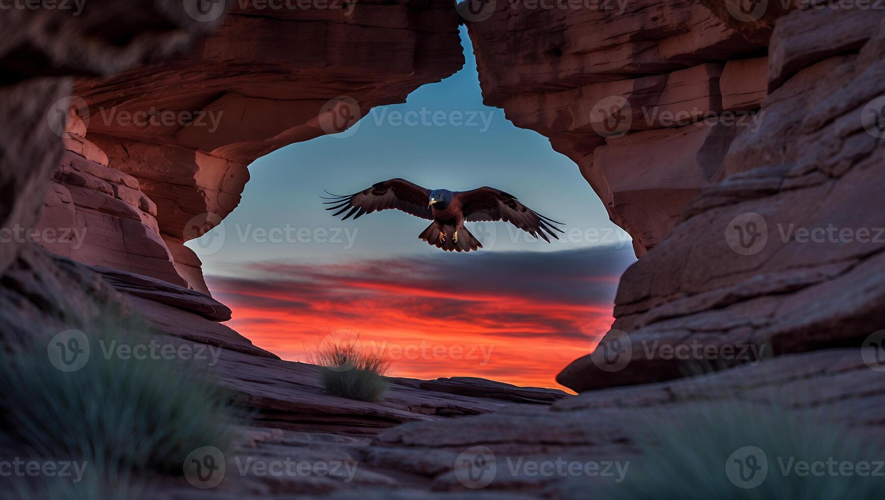 Eagle Flying Through Rock Archway at Sunset with Dramatic Sky photo