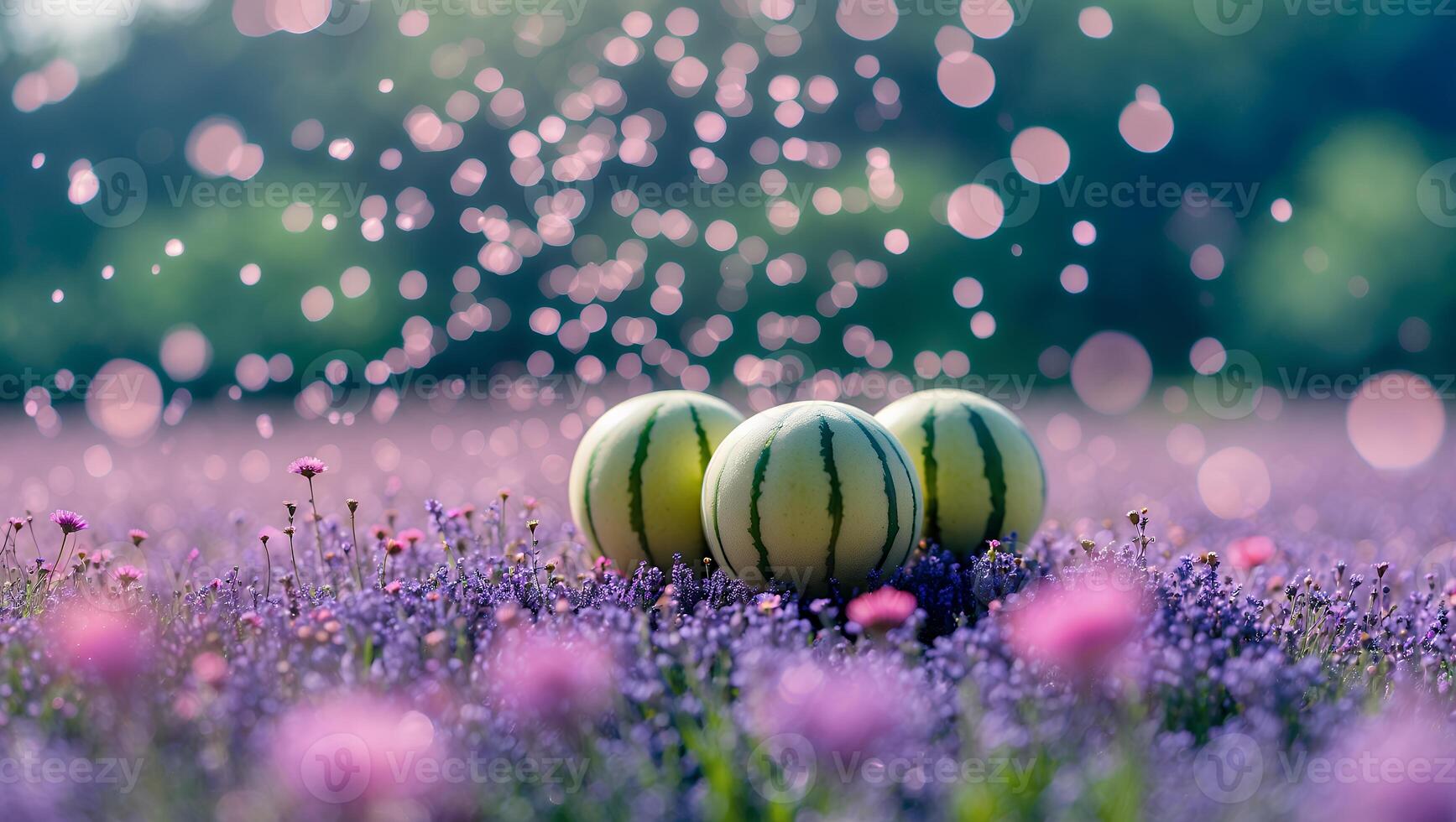 Watermelons in Lavender Field with Bokeh Lights and Floral Accents photo