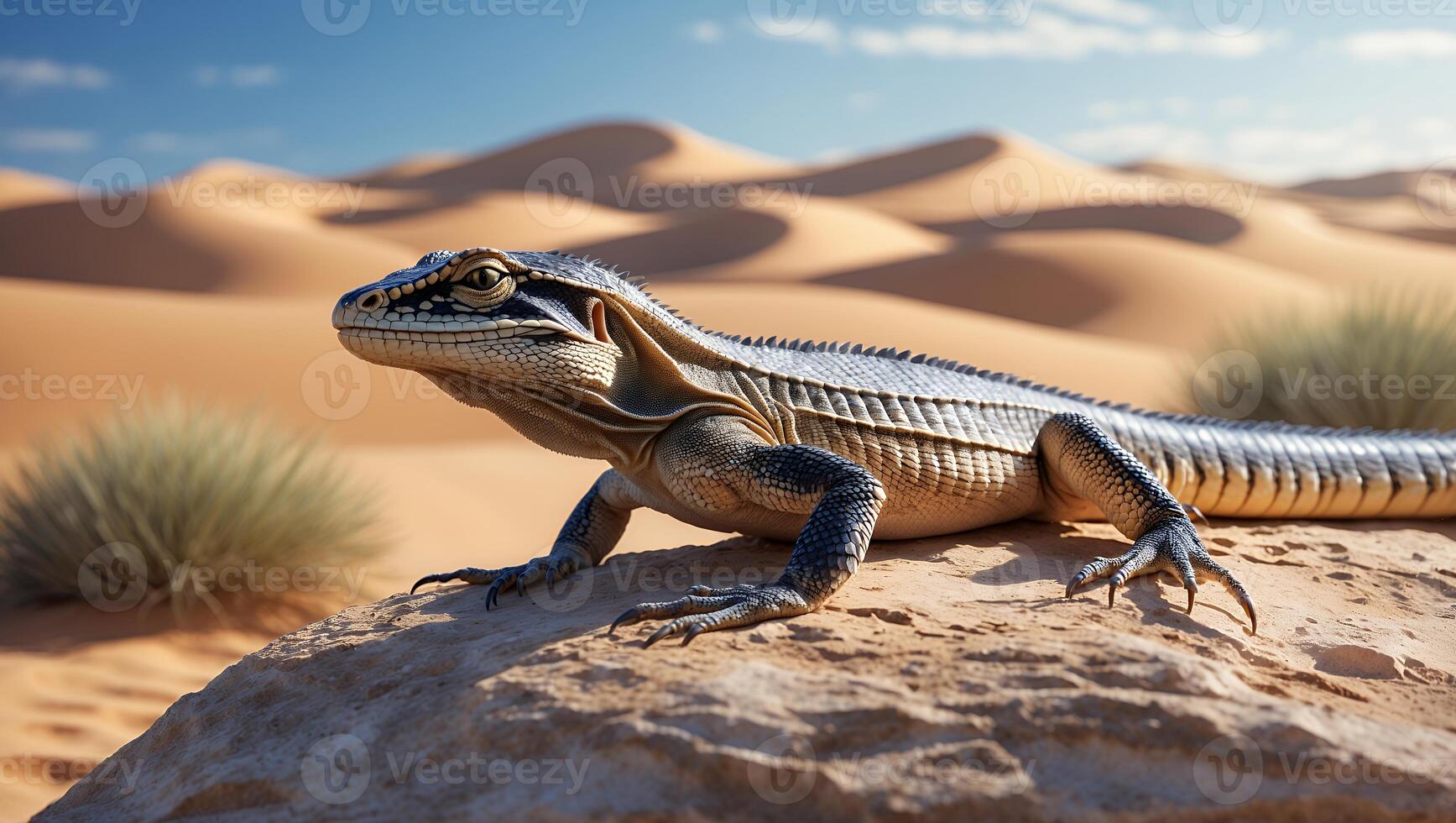 Lizard Resting on Desert Rock with Sand Dunes in Background photo