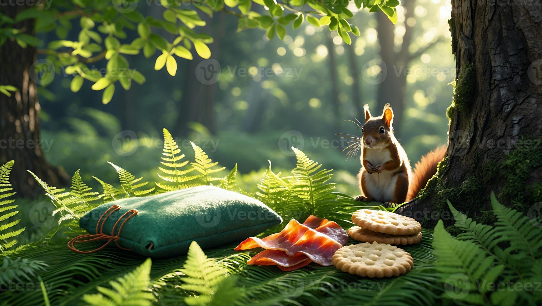 Squirrel Enjoying Picnic with Cookies and Snack in Sunlit Forest photo