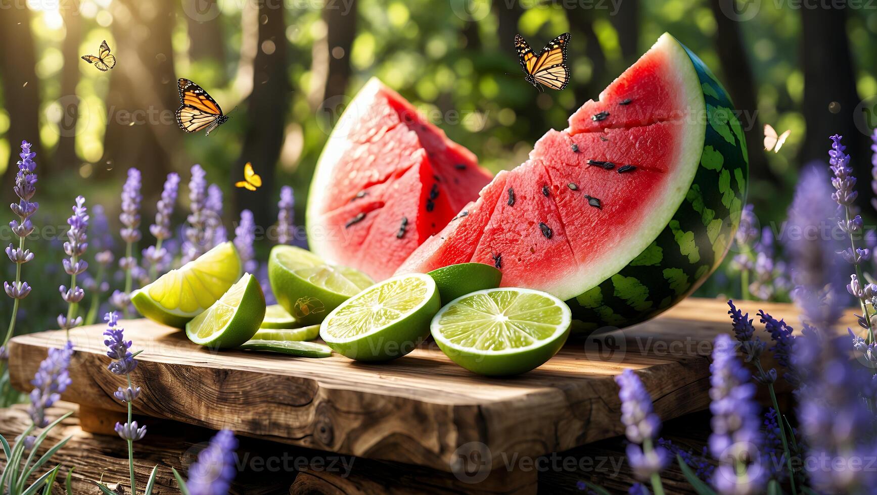 Watermelon and Lime Still Life on Wooden Board with Lavender photo