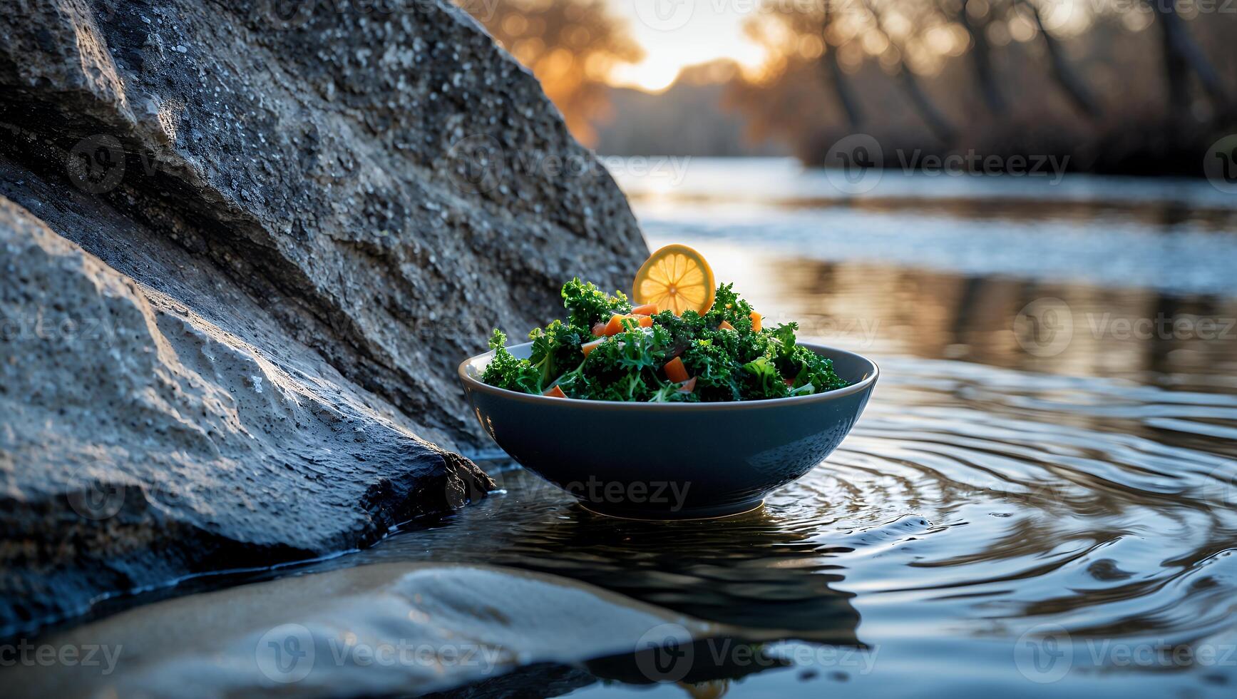 Serving Fresh Kale Salad by the River at Dusk for Healthy Eating photo