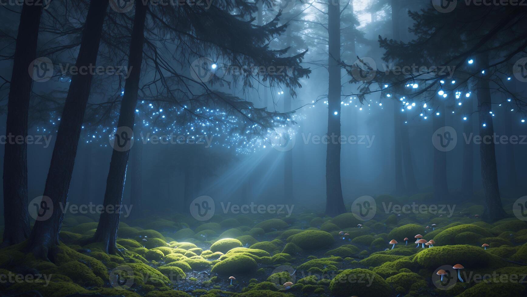Walking in Ethereal Forest with Light Beams, Moss and Mushrooms photo