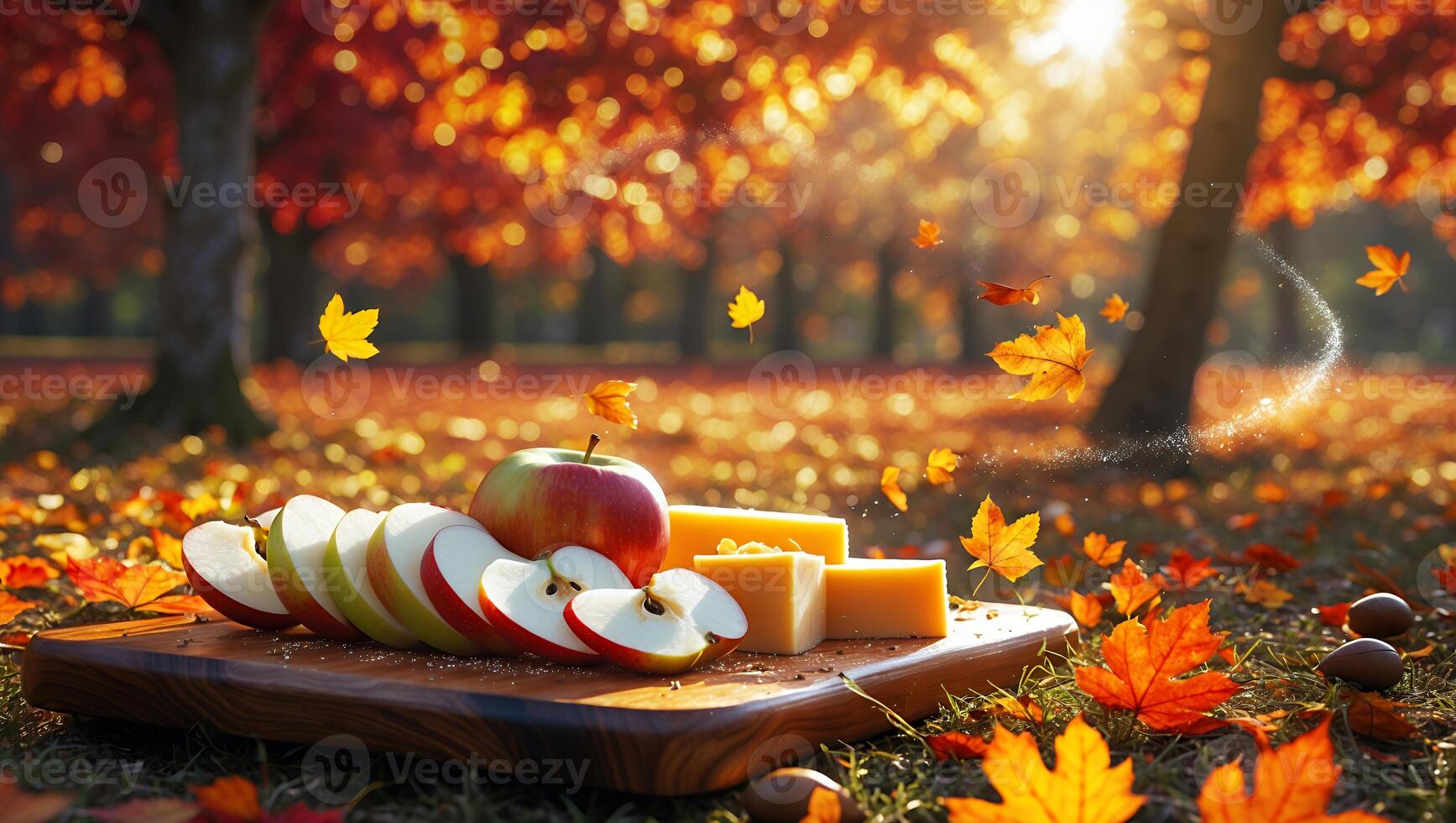 Autumn Picnic with Apple Slices and Cheese in Falling Leaves photo
