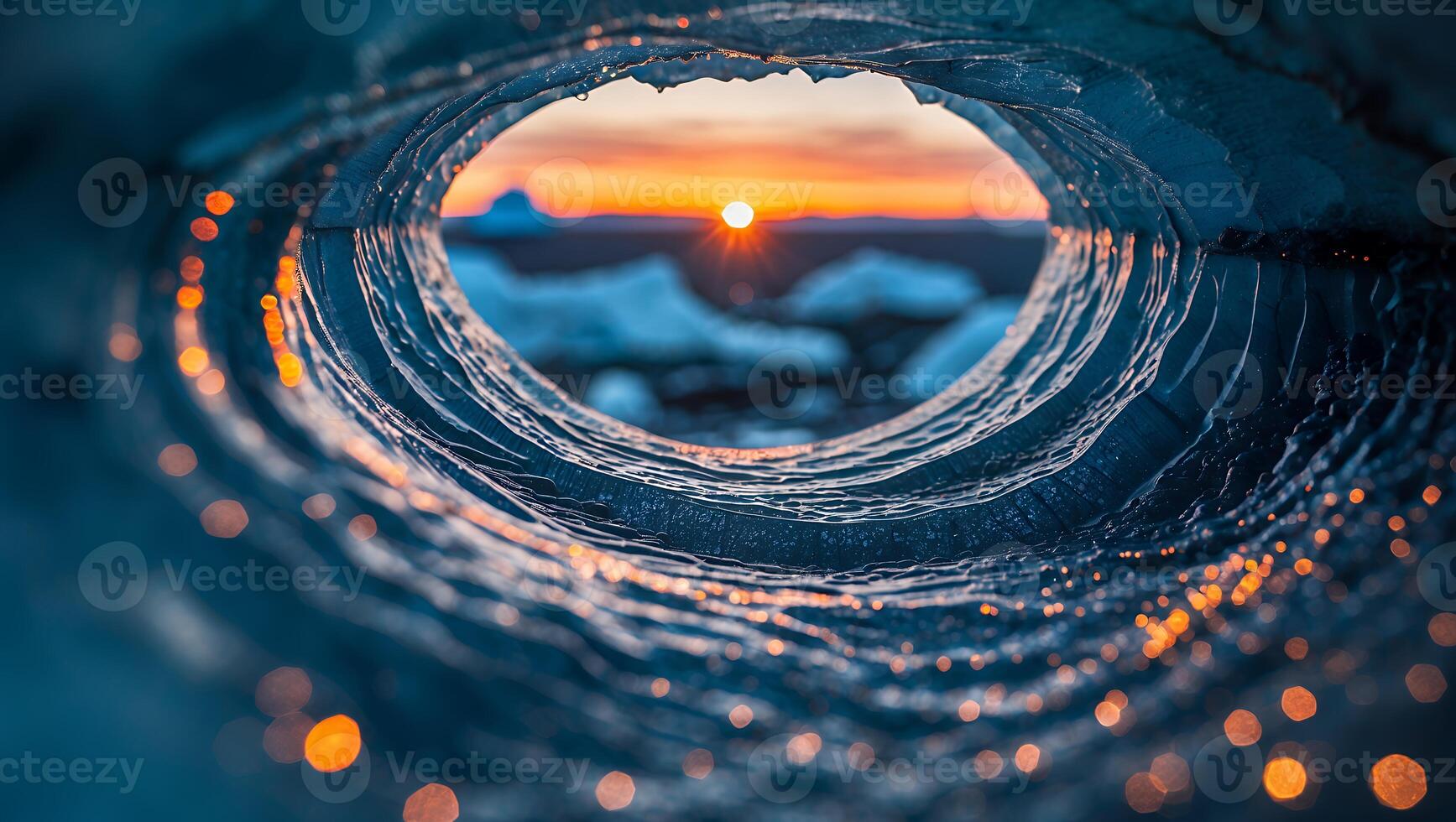 Ice Cave Tunnel View of Setting Sun Over Cold Landscape photo