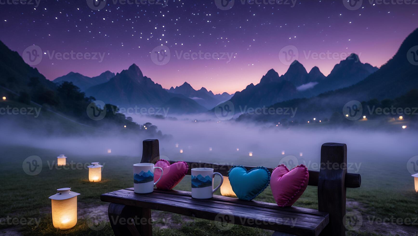 Mugs and Hearts on Bench at Night with Starry Mountain View photo