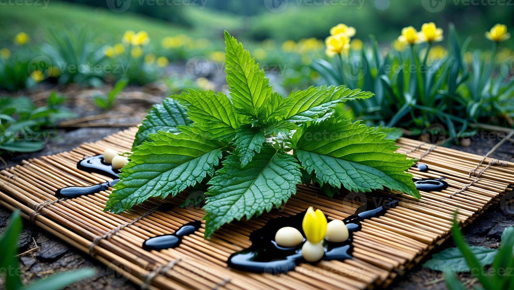 Fresh Green Leaves Displayed on Woven Mat with Liquid Accent photo
