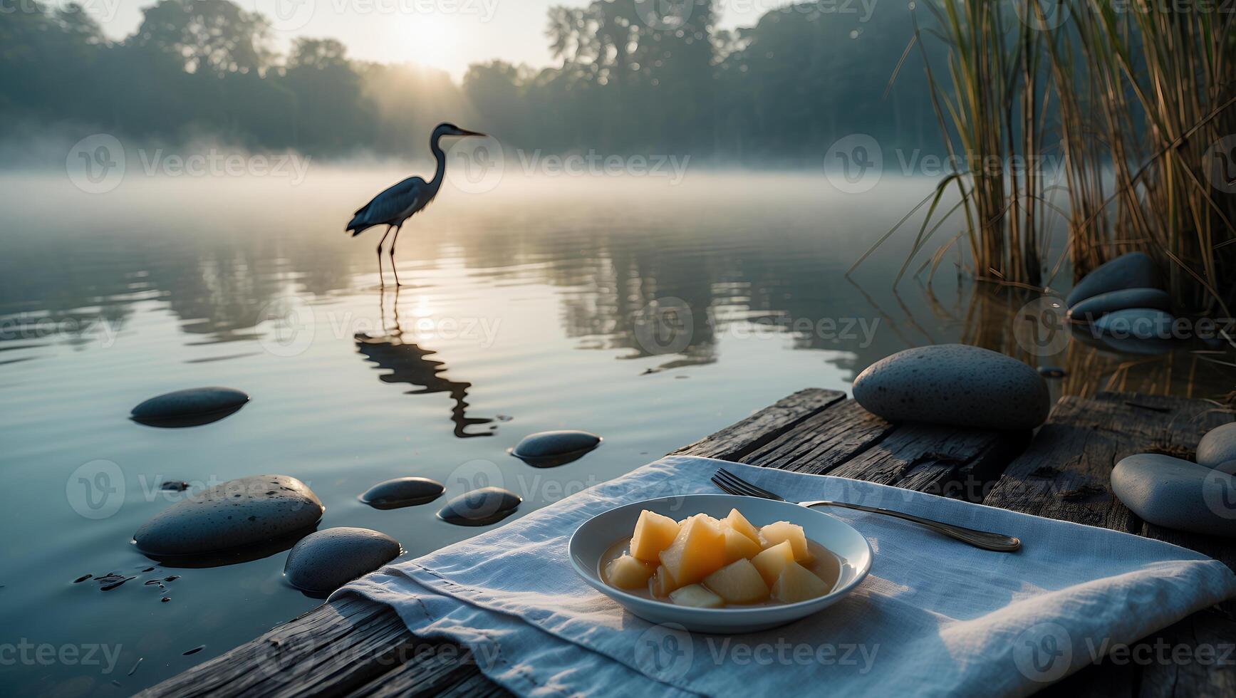 Peaceful Morning by Lake with Bird and Fruit Snack Setting photo