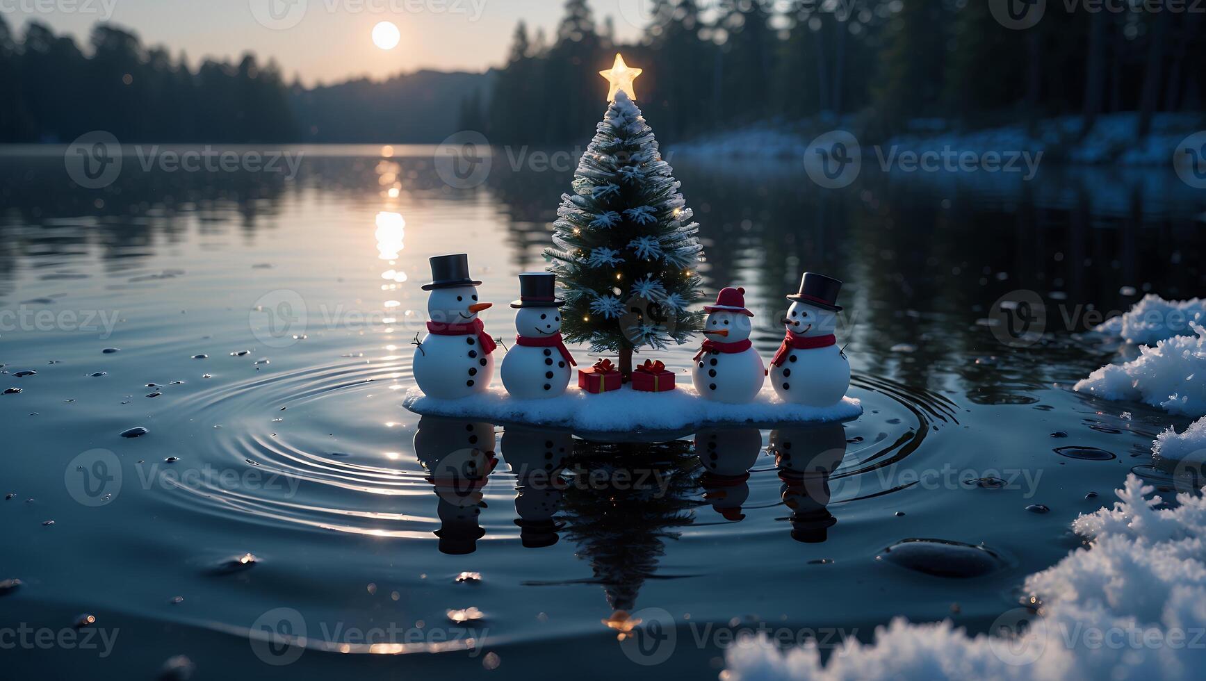 Snowmen and Christmas Tree on Snowy Island Reflecting in Lake photo
