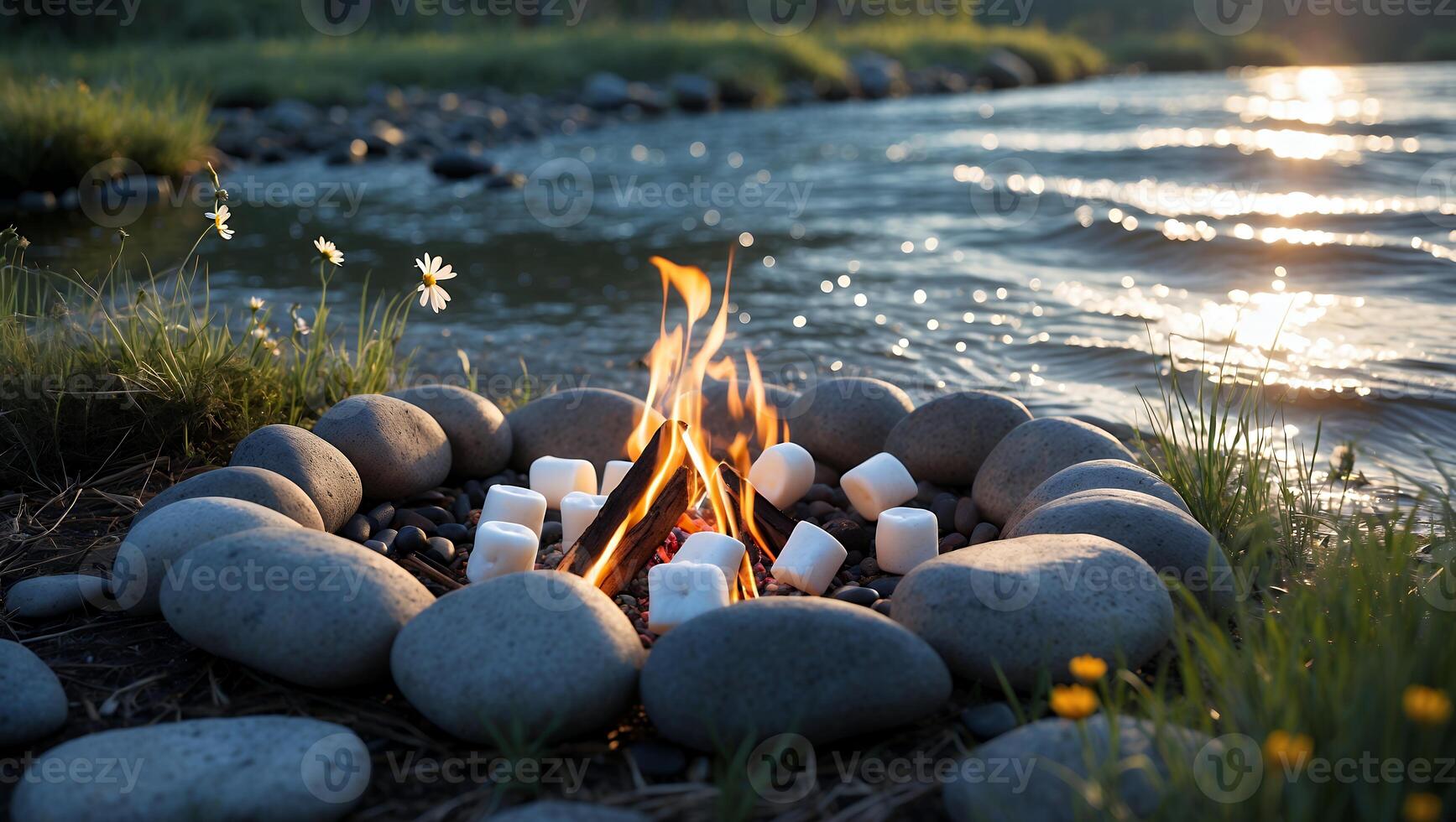 Burning Bonfire with Marshmallows Near River for Relaxing Camping photo