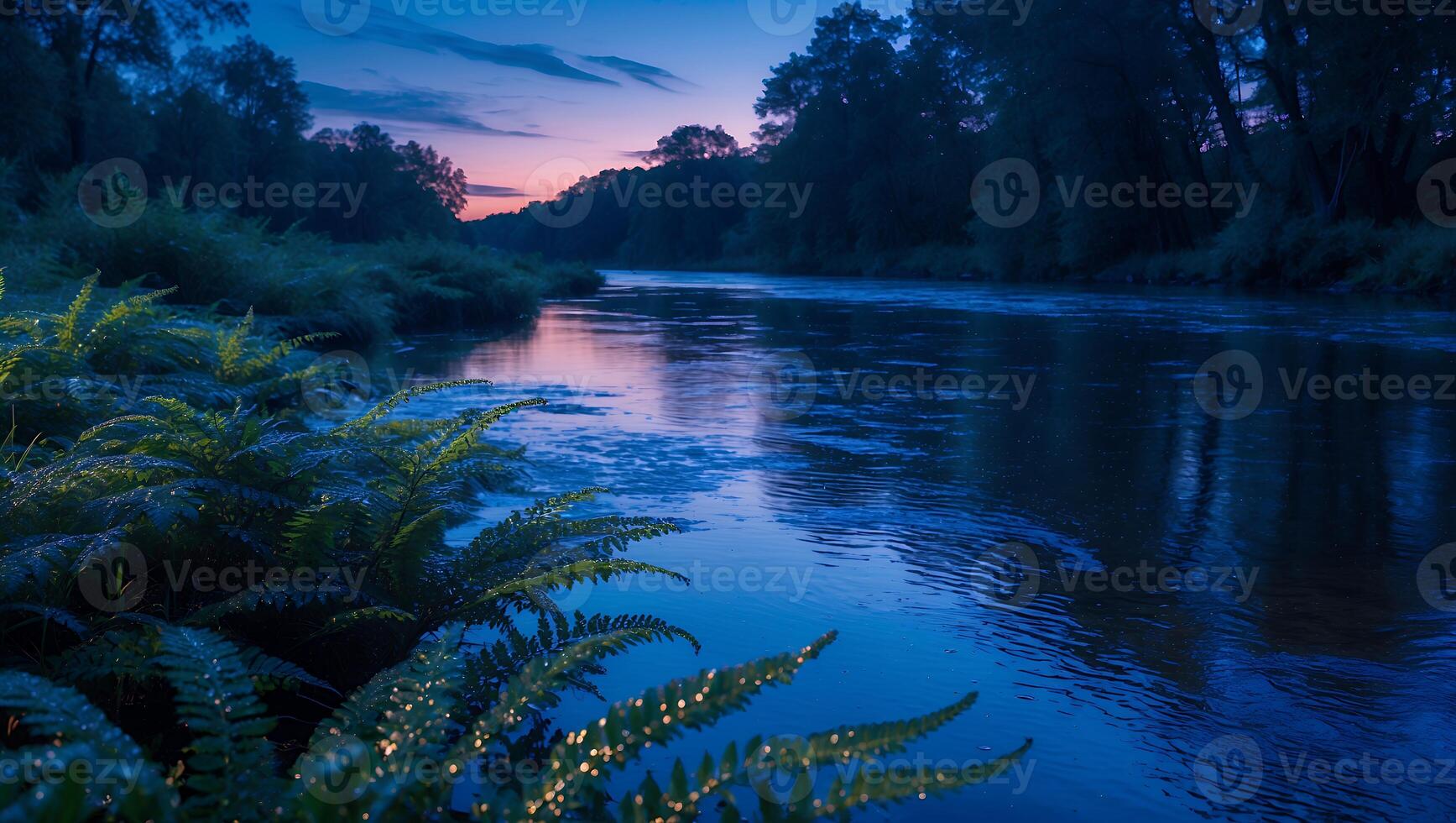River Flows Through Forest at Twilight with Ferns in Foreground photo