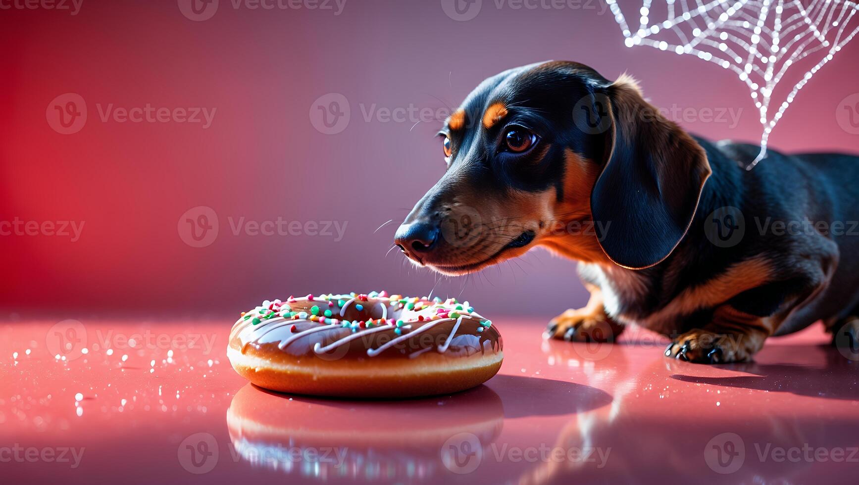 Small Dog Staring at Sprinkled Doughnut with Curiosity and Anticipation photo
