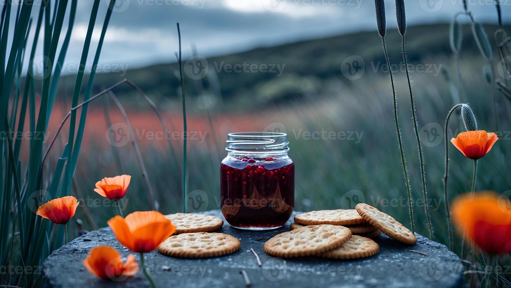 Jam Jar and Crackers with Poppies in Meadow Landscape photo