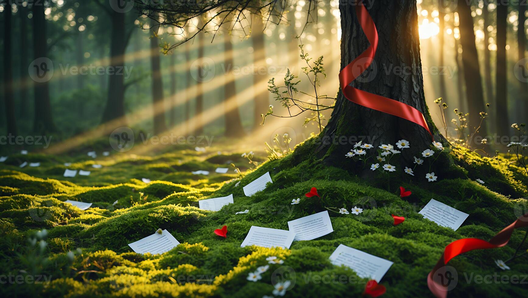 Tree Surrounded by Moss in Sunlit Forest with Floating Papers photo