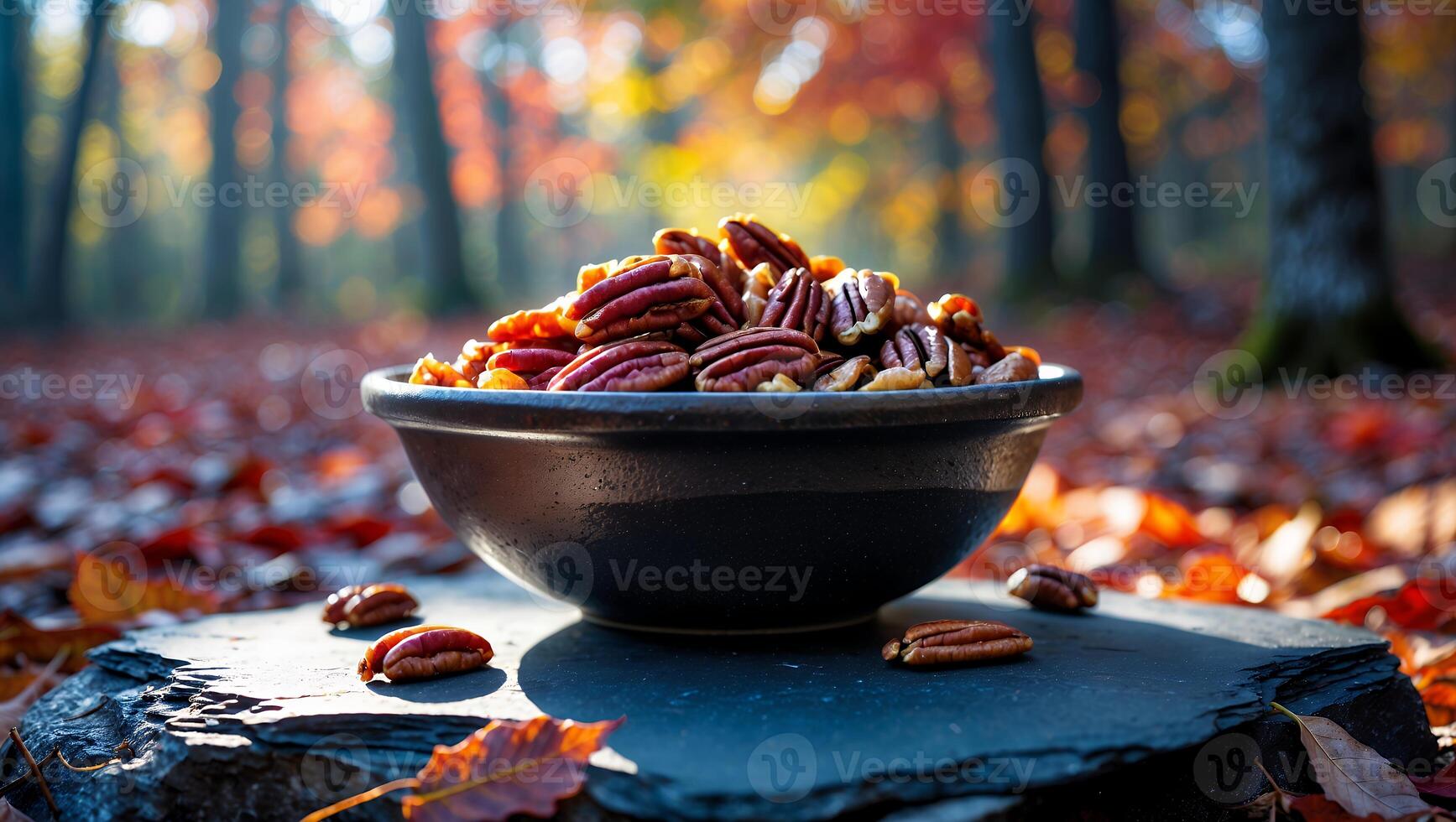 Pecan Nuts in Bowl Autumnal Forest Setting Food Still Life photo